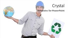  Presentation with recycle glass waste for recycling - Beautiful presentation featuring toon - craftsman holding a recycling label backdrop and a white colored foreground