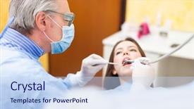  Presentation with dentist - PPT layouts consisting of tooth care - senior dentist curing a female background and a  colored foreground