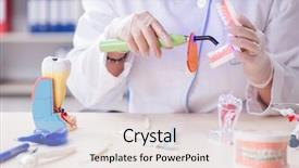  Presentation with implant - PPT layouts consisting of tooth decay - woman dentist working on teeth background and a sky blue colored foreground