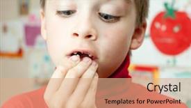  Presentation with lost - Amazing slide set having tooth development - boy holding lost deciduous teeth backdrop and a coral colored foreground