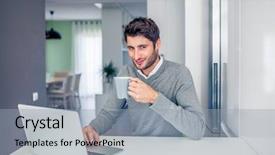  Presentation with working - PPT layouts with tooth development - handsome young smiling businessman working background and a  colored foreground