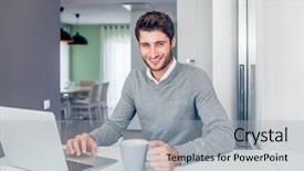  Presentation with working - Slide deck featuring tooth development - handsome young smiling businessman working background and a light gray colored foreground