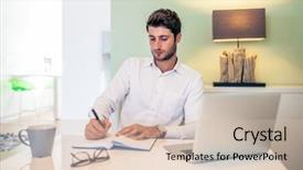  Presentation with working - Slide set consisting of tooth development - handsome young smiling businessman working background and a  colored foreground
