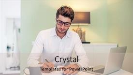  Presentation with fatherhood and working - Beautiful slide deck featuring tooth development - handsome young smiling businessman working backdrop and a  colored foreground