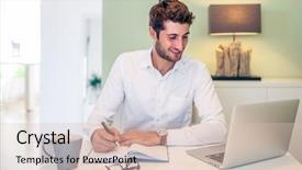  Presentation with working - Audience pleasing PPT theme consisting of tooth development - handsome young smiling businessman working backdrop and a  colored foreground