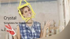  Presentation with diy - Presentation design having tooth development - happy woman building a new background and a mint green colored foreground