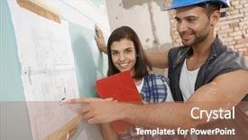  Presentation with floor plan - Cool new presentation design with tooth development - young couple looking at floor backdrop and a  colored foreground