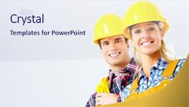  Presentation with builder - PPT theme with tooth development - young smiling builder people background and a  colored foreground