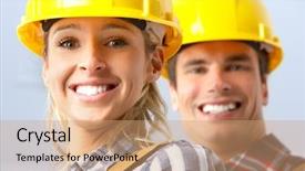  Presentation with builder - Colorful slides enhanced with tooth development - young smiling builder people backdrop and a  colored foreground