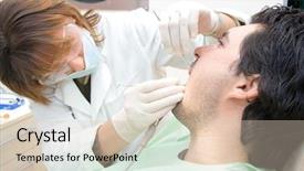  Presentation with dentist - Theme with tooth extraction - female dentist examining a male background and a soft green colored foreground