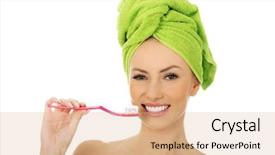  Presentation with tooth paste - PPT layouts with tooth paste - beautiful caucasian woman with toothbrush background and a coral colored foreground
