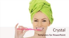  Presentation with woman in agriculture - Colorful presentation design enhanced with tooth paste - beautiful caucasian woman with toothbrush backdrop and a lemonade colored foreground