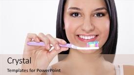  Presentation with tooth paste - Colorful presentation theme enhanced with tooth paste - beautiful healthy young woman brushing backdrop and a coral colored foreground