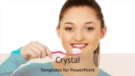  Presentation with human archaeological teeth - Cool new presentation design with tooth paste - happy teenager woman brushing teeth backdrop and a coral colored foreground