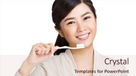  Presentation with young business woman smile show - Amazing presentation theme having tooth paste - woman holding toothbrush and smile backdrop and a lemonade colored foreground