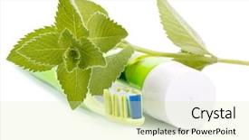  Presentation with herbal toothpaste - Amazing PPT theme having toothbrush toothpaste and fresh leaves backdrop and a soft green colored foreground