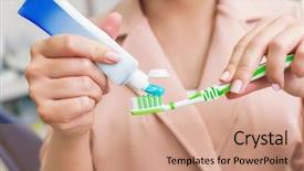  Presentation with tooth brush - Audience pleasing PPT theme consisting of toothbrush toothpaste hand - woman with tooth brush backdrop and a coral colored foreground