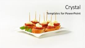  Presentation with white plate - Theme having toothpick - plate of canapes with pepperoni background and a white colored foreground