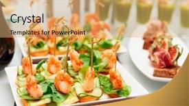  Presentation with banquet - Slides with toothpick - shrimp appetizers on banquet table background and a coral colored foreground