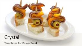  Presentation with tapas - Amazing presentation theme having toothpick - spanish tapas pinchos anchovy olive backdrop and a soft green colored foreground
