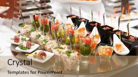  Presentation with banquet - PPT theme enhanced with toothpick - various snacks on table banquet background and a coral colored foreground
