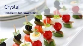  Presentation with spanish food - Audience pleasing PPT theme consisting of toothpicks appetizer pinchos spanish food backdrop and a sky blue colored foreground