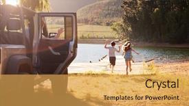 Presentation with road trip cars - Slides with top 10 - family reaching destination by lake background and a yellow colored foreground