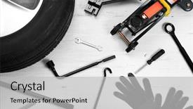  Presentation with wheel - Presentation theme having top cars - car wheel with tools background and a light gray colored foreground