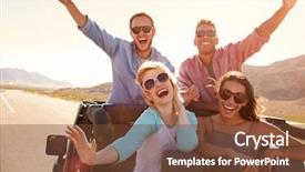  Presentation with road trip signs - PPT theme enhanced with top cars - friends on road trip standing background and a tawny brown colored foreground