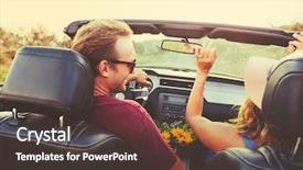  Presentation with young happy couple - Audience pleasing presentation design consisting of top cars - happy young couple driving along backdrop and a tawny brown colored foreground