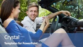  Presentation with hand to hand - Slide set consisting of top cars - young couple sits background and a ocean colored foreground