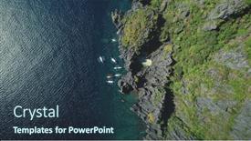  Presentation with island resort - Amazing PPT theme having top-down-green-rock-island backdrop and a tawny brown colored foreground