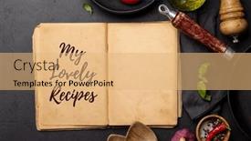  Presentation with kitchen utensils - PPT theme consisting of top-down-view background and a coral colored foreground