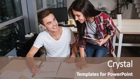  Presentation with coworkers - Slide set with top job - coworkers work with documents background and a  colored foreground