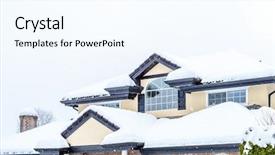  Presentation with home window frame - Audience pleasing slide deck consisting of top of a typical american home in winter snow covered roof and nice window heavy snowfall over entire picture frame backdrop and a cool aqua colored foreground