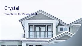  Presentation with home window frame - Slide set consisting of top of a typical american home in winter snow covered roof and nice window heavy snowfall over entire picture frame background and a sky blue colored foreground
