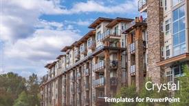  Presentation with windows - Slide deck with top of an apartment building with nice windows and colourfull trees background and a gray colored foreground