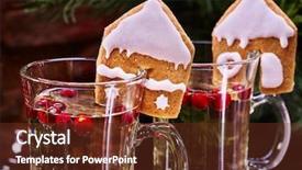  Presentation with mulled wine - Audience pleasing presentation consisting of top of two glass latte mug hot drink warming mulled wine with cookie in form of house under fir branch in restaurant backdrop and a tawny brown colored foreground