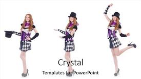  Presentation with costume - Cool new PPT theme with top performer - girl in harlequin costume isolated backdrop and a white colored foreground
