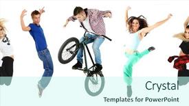  Presentation with people - Beautiful PPT layouts featuring top performer - jumping people isolated on white backdrop and a cool aqua colored foreground