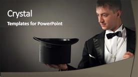  Presentation with magician - Cool new slides with top performer - magician holding playing hat showing backdrop and a dark gray colored foreground