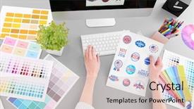  Presentation with working - Beautiful slide deck featuring top talent - young designer working in office backdrop and a soft green colored foreground