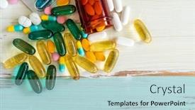  Presentation with spilling - Audience pleasing slides consisting of top view assorted pharmaceutical medicine pills tablets and capsules spilling on vintage wooden table for medicine background backdrop and a light blue colored foreground