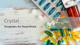  Presentation with pharmaceutical - Audience pleasing PPT layouts consisting of top view assorted pharmaceutical medicine pills tablets and capsules spilling on vintage wooden table for medicine background backdrop and a light gray colored foreground