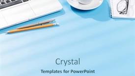  Presentation with business office desk - Presentation theme with top-view-business-office-desk background and a sky blue colored foreground
