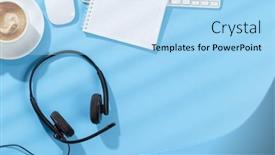  Presentation with business office desk - Slides having top-view-business-office-desk background and a light blue colored foreground