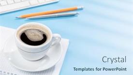  Presentation with business office desk - Presentation theme having top-view-business-office-desk background and a sky blue colored foreground