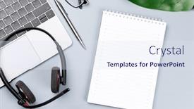  Presentation with business office desk - PPT theme enhanced with top-view-business-office-desk background and a sky blue colored foreground