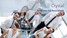  Presentation with team business top view - Amazing PPT layouts having top view business team sitting at the desk backdrop and a lemonade colored foreground