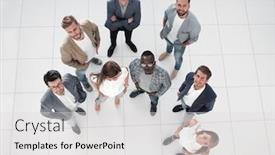  Presentation with team business top view - Presentation theme with top view business woman talking to her business team background and a light gray colored foreground